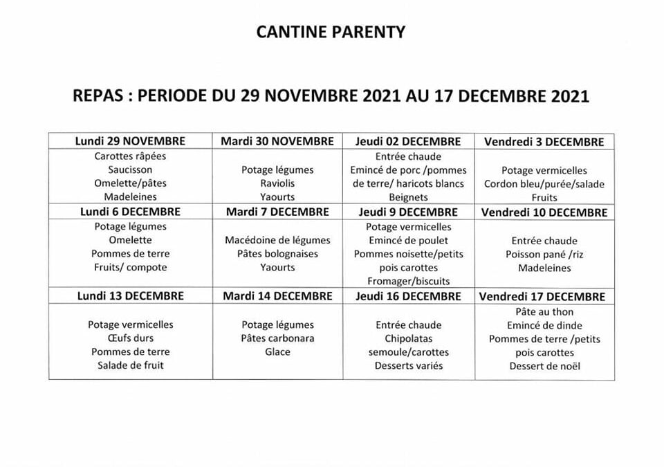 Cantine Parenty – du 29 novembre 2021 au 17 décembre 2021