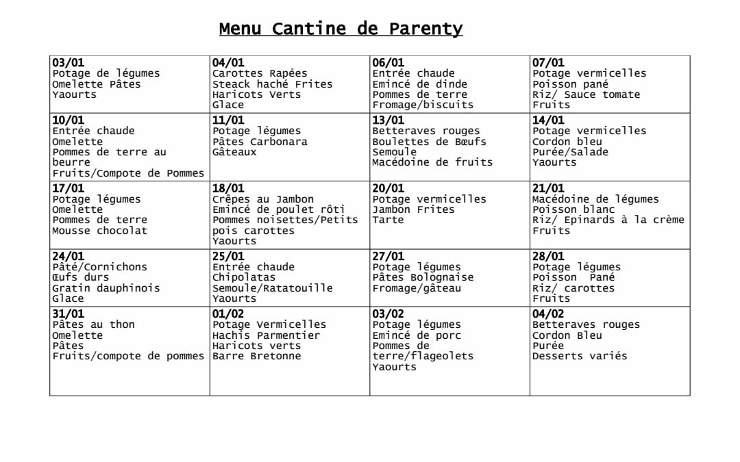 Cantine Parenty – du 03 janvier au 04 février 2022