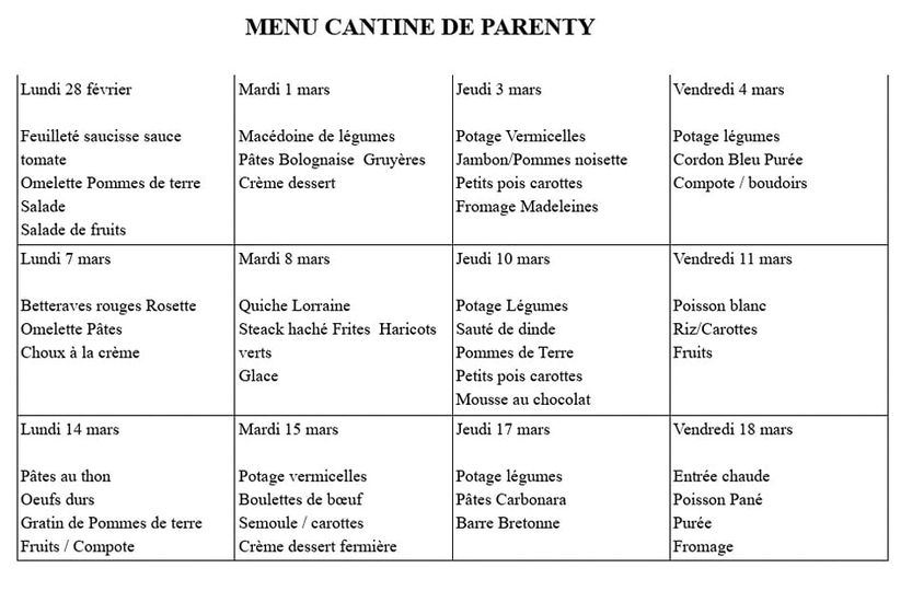 Cantine Parenty – du 28 février au 18 mars 2022